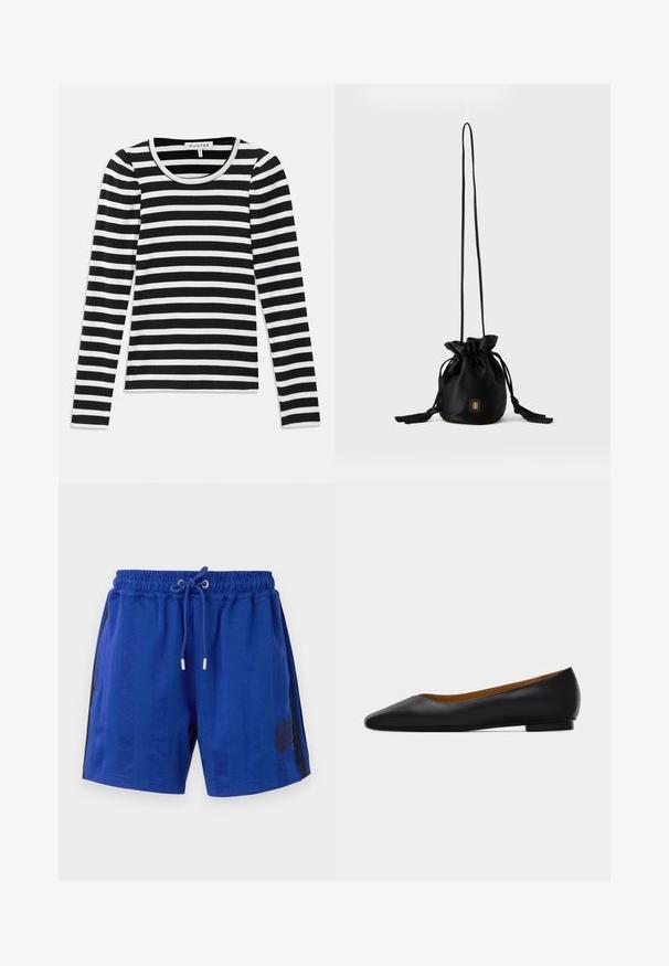 Top de manga larga de canalé con rayas horizontales en blanco y negro. Presenta un escote redondo y un ribete en contraste. Textura de tela suave.; Pantalones cortos deportivos azules con una cintura elástica, cordón, rayas negras laterales y un diseño de heráldica floral. Textura de tela suave.; Zapato plano de punta puntiaguda de cuero negro con tacón bajo y acabado liso, mostrado de perfil sobre un fondo gris claro.; Bolso tipo bucket negro con cordón, con una correa larga y delgada y un pequeño logo cuadrado dorado en la parte delantera, mostrado sobre un fondo liso.