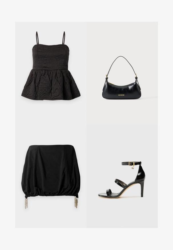 Sort peplum top med justerbare spaghetti stropper, struktureret stof med snoet design, og samlet underkant for volumen.; Sort cropped top med en samlede design, med elastisk kant og metalliske clips som detaljer. Fremstillet af et letvægtsstof.; Sorte patenterede lædersandaler med tre stropper, ankelspænde og 10 cm stiletthæl. Har detaljer i guld og et logo charms.; Sort læder skuldertaske med guldfarvet lynlås og "LOVE MOSCHINO" logo foran, med et buet top håndtag.