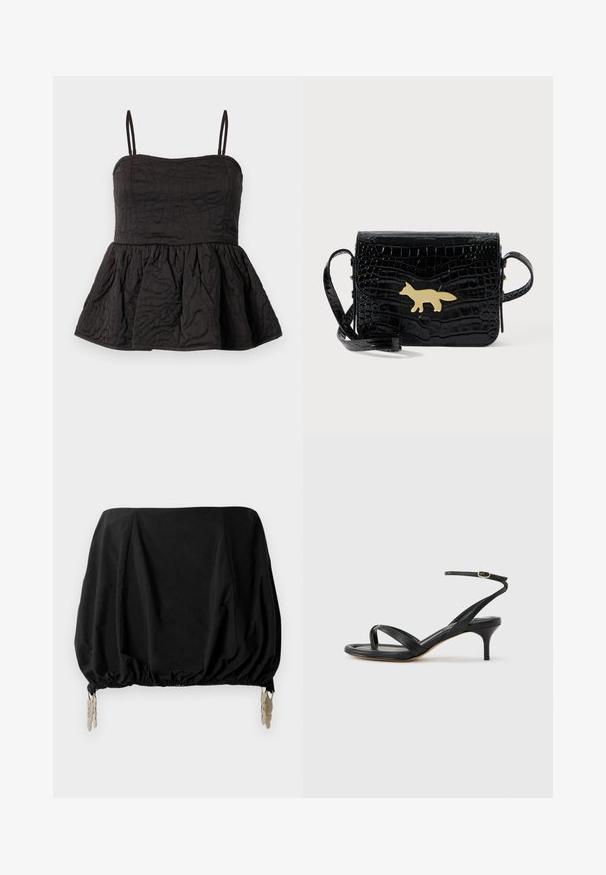 Sort peplum top med justerbare spaghetti stropper, struktureret stof med snoet design, og samlet underkant for volumen.; Sort cropped top med en samlede design, med elastisk kant og metalliske clips som detaljer. Fremstillet af et letvægtsstof.; Sort damesandal i læder med tynde remme, en tå-loop, ankelspænde og en mellemhøj stiletthæl på en neutral baggrund.; Sort skuldertaske i krokodillepræget læder med lang rem og guldfarvet lås formet som en ræv på frontklappen.