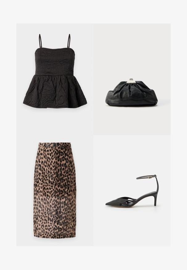 Sort peplum top med justerbare spaghetti stropper, struktureret stof med snoet design, og samlet underkant for volumen.; Leopardmønstret blyantskirt i beige og sort. Glat stof, tætsiddende design med knælang skæring og en skjult talje. Ingen synlige lukninger.; Sort læder højhælet sko med spids tå, åbne sider og en tynd ankelrem med en lille guld detalje.; Sort læderclutch med en samlet tekstur, metal lukning og diskret præget logo på forsiden. Rundet form.