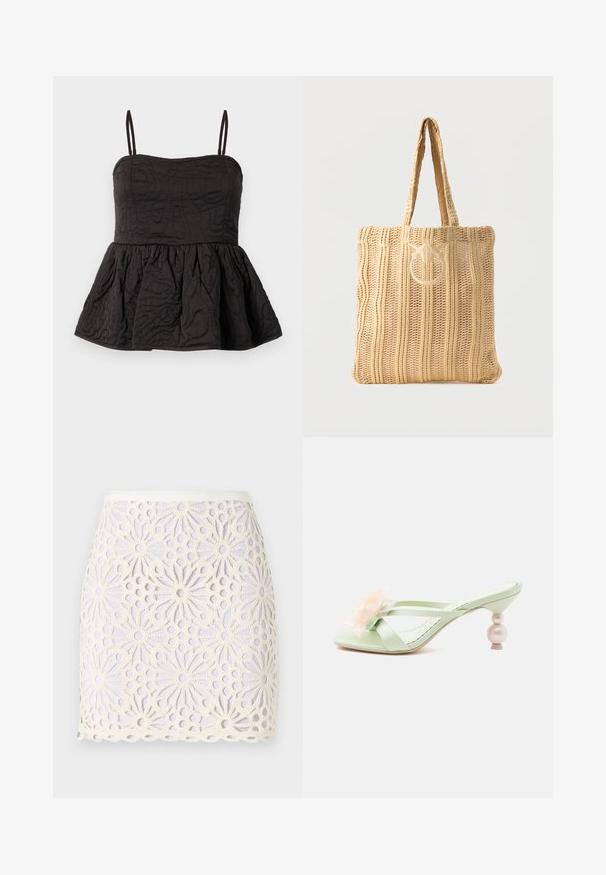 Sort peplum top med justerbare spaghetti stropper, struktureret stof med snoet design, og samlet underkant for volumen.; Hvid blonde mini nederdel med blomster mønstre og udskårne detaljer. Kantene er bølgede, og liningen er glat med en let glans.; Lysegrøn åben tå sandal med hæl, dobbelte stropper, gennemsigtig ferskenblomsterdekoration og perleformet stablerhælkappe.; Beige vævet tote taske med to håndtag og et rundt broderet design med to fugle foran.