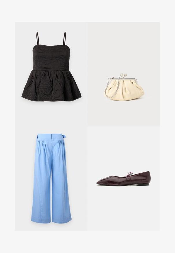 Sort peplum top med justerbare spaghetti stropper, struktureret stof med snoet design, og samlet underkant for volumen.; Lyseblå bukser med vide ben, høj talje, forreste folder og knapdetaljer på siderne af taljen.; Ballethæle i bordeaux laklæder med spids tå og en dekorativ lilla sløjfe på forfoden; flad såldesign.; Plisseret beige læderclutch med en sølvmetalramme, der har to runde dekorative låse og en sølvkædetrasporte.