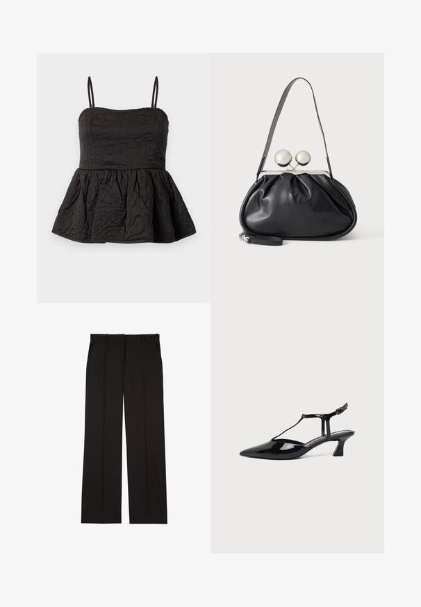 Top peplum negro con tirantes de espagueti ajustables, tejido texturizado con diseño en espiral y dobladillo inferior fruncido para mayor volumen.; Pantalones negros ajustados hechos de una tela suave, con un diseño de pierna recta y dos bolsillos laterales. Construcción elegante y minimalista.; Zapato slingback de cuero charol negro con punta fina, tira en T y tacón bajo en bloque inclinado sobre fondo blanco.; Bolso de mano de cuero negro con diseño fruncido, una sola correa, marco metálico plateado y dos cierres grandes redondos de plata.