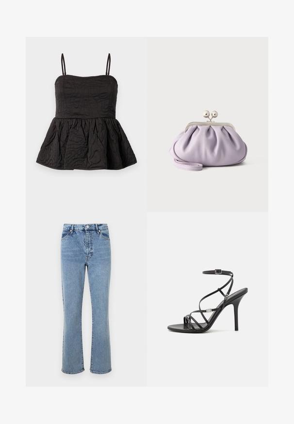 Sort peplum top med justerbare spaghetti stropper, struktureret stof med snoet design, og samlet underkant for volumen.; Lyseblå jeans i denimmateriale med høj talje, flagrende benform, fem-lomme design og kontrastsyninger.; Sort højhælet sandal med tynde stropper, en ankelspænde, en glat læderoverflade og en slank stilethæl.; Blød lavendel clutch med opsamlet stof, sølv kiss-lock lås og matchende håndledsrem på en ensfarvet lys baggrund.