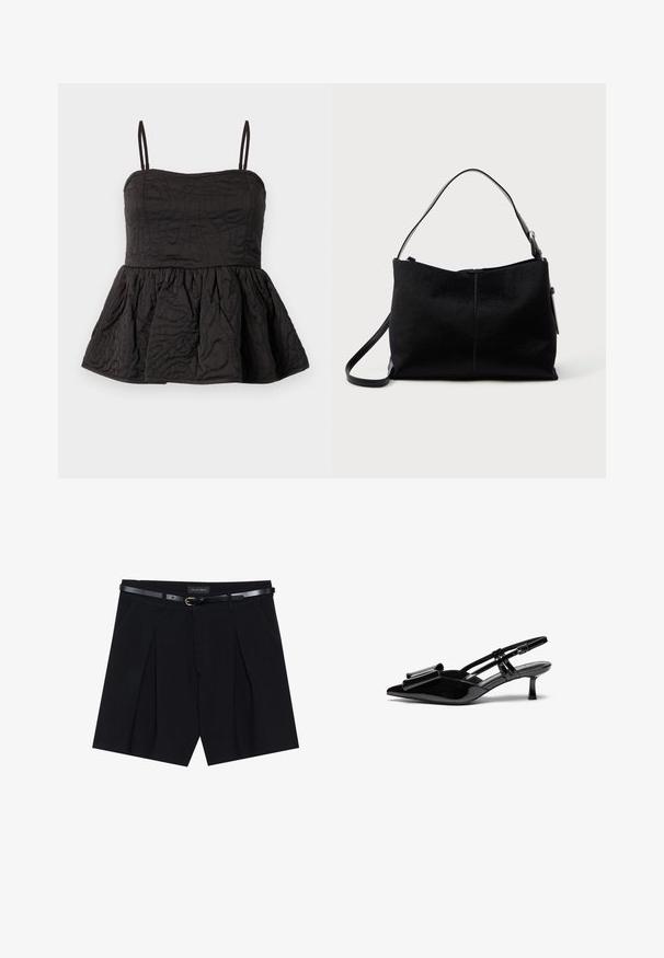 Top peplum negro con tirantes de espagueti ajustables, tejido texturizado con diseño en espiral y dobladillo inferior fruncido para mayor volumen.; Shorts negros a medida con pliegues, que cuentan con un cinturón negro delgado con hebilla dorada. Elaborados en un tejido suave, ofrecen un aspecto pulido.; Zapatos de tacón slingback de charol negro con punta afilada, detalle de lazo en el frente y un pequeño tacón de aguja. Las correas tienen hebillas ajustables.; Bolso negro de hombro con una superficie lisa y texturizada, con una única correa y un cierre de cremallera en la parte superior. Forma rectangular compacta.