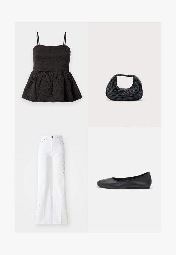 Μαύρη τοπ με πιέτα, με ρυθμιζόμενους ιμάντες τύπου σπιρτόκουτο, υφασμάτινη επιφάνεια με κυματιστό σχέδιο και μαζεμένο κάτω μέρος για όγκο.; Λευκά φαρδιά τζιν παντελόνια από ντένιμ, με ψηλή μέση, διακριτικά σχέδια κοπής και στυλ πέντε τσεπών. Κλείσιμο με μεταλλικό κουμπί και φερμουάρ.; Μαύρο δερμάτινο μπαλαρίνι με στρογγυλή μύτη, λεία υφή, ελάχιστες λεπτομέρειες ραφής και σχεδίαση ευέλικτης σόλας.; Μαύρη υφαντή τσάντα χόμπο με μαλακή δομή και ενσωματωμένη λαβή, απεικονίζεται σε απλό φωτεινό φόντο.