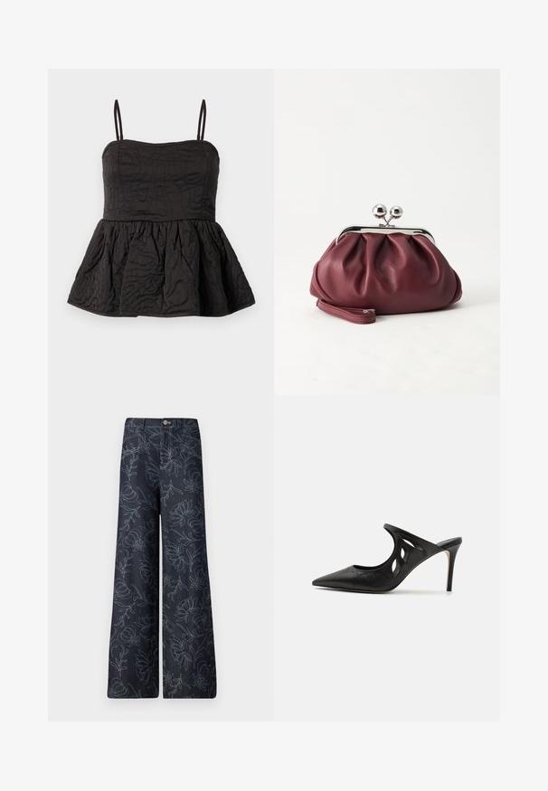 Sort peplum top med justerbare spaghetti stropper, struktureret stof med snoet design, og samlet underkant for volumen.; Mørk denim brede bukser med broderet blomsterdesign i lyseblå. Klassisk fem-lomme design med knaplukning foran.; Sorte læder højhælede mules med spids tå, udskåret sideskærm og glat tekstur. Stiletthæl og subtil syning.; Lille bordeauxlæder clutch-pung med sølv metal lukning og håndledsrem på hvid baggrund.