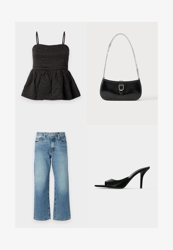 Top peplum noir avec bretelles spaghetti réglables, tissu texturé présentant un design tourbillonnant et un ourlet froncé pour plus de volume.; Jeans en denim bleu clair avec une coupe large, cinq poches et une fermeture à bouton. Le tissu présente un léger délavage et une texture classique.; Mule à talon haut en cuir noir à bout ouvert avec un talon stiletto fin, vue de profil sur un fond uni.; Sac à épaule en cuir verni noir avec détail de boucle argentée et bandoulière en chaîne argentée, présenté sur un fond uni clair.