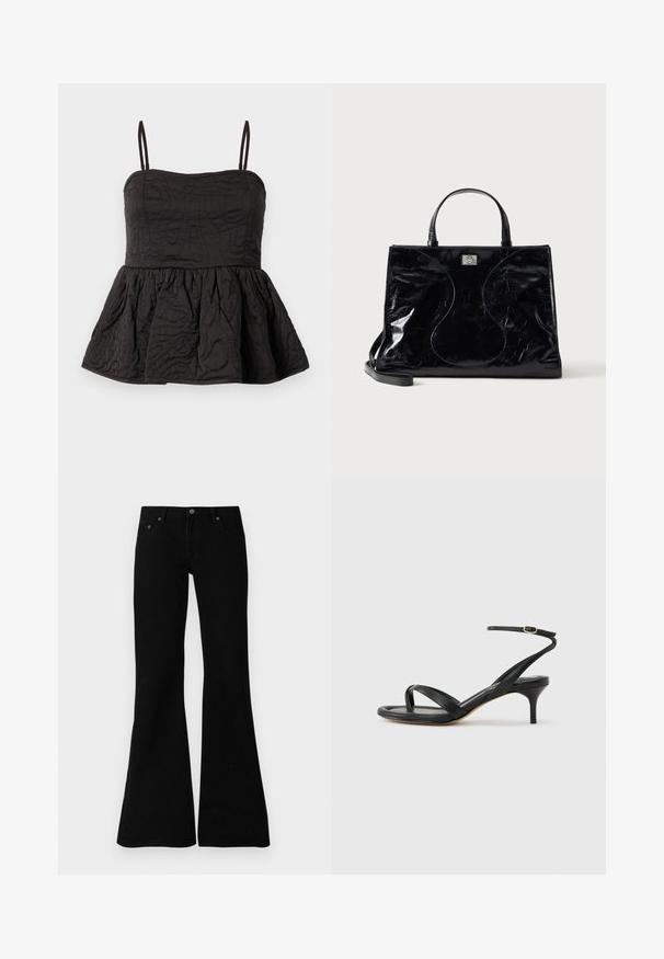 Sort peplum top med justerbare spaghetti stropper, struktureret stof med snoet design, og samlet underkant for volumen.; Sorte flagrende jeans lavet af denim, med et klassisk fem-lomme design, knaplukning og subtile syninger langs sømmene.; Sort damesandal i læder med tynde remme, en tå-loop, ankelspænde og en mellemhøj stiletthæl på en neutral baggrund.; Sort blank læderhåndtaske med korte håndtag, aftagelig skulderrem og subtile buede syninger foran.