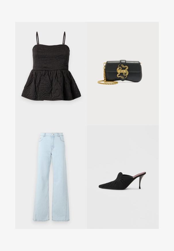 Top peplum noir avec bretelles spaghetti réglables, tissu texturé présentant un design tourbillonnant et un ourlet froncé pour plus de volume.; Des jeans en denim bleu clair à taille haute, à jambes larges, avec des poches avant et des détails de couture visibles sur les coutures et l'ourlet.; Mule noir à talon haut avec bout pointu, tissu doux à texture froncée sur le devant et talon aiguille fin.; Sac à bandoulière en cuir noir avec sangle chaîne dorée et boucle décorative serpent dorée avec le logo "Just Cavalli".