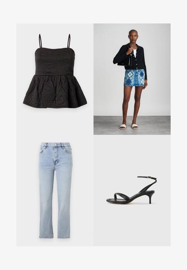 Top peplum noir avec bretelles spaghetti réglables, tissu texturé présentant un design tourbillonnant et un ourlet froncé pour plus de volume.; Jean en denim bleu clair avec une coupe droite, cinq poches, une fermeture à bouton et zip, et des détails de couture visibles.; Sandale pour femme en cuir noir avec fines lanières, une boucle d'orteil, une boucle à la cheville et un talon aiguille de hauteur moyenne sur un fond neutre.; Un cardigan en maille noir, un haut blanc, une jupe en denim avec un motif de diamants bleus et noirs, un sac à main noir et des sandales à enfiler beiges.