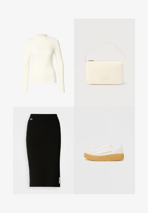 Haut à manches longues en tissu crème doux avec un col montant et une coupe près du corps. Texture lisse, détails minimaux, sans attaches visibles.; Jupe midi en maille côtelée noire avec une silhouette ajustée. Détail du petit logo Lacoste sur la taille, avec une texture lisse.; Baskets blanches avec une semelle en caoutchouc texturé beige, présentant un matériau supérieur lisse et un logo subtil en or sur le côté.; Sac à main rectangulaire de couleur crème avec une seule sangle et une fermeture éclair sur le dessus, comportant une petite plaque de logo embossé à l'avant.