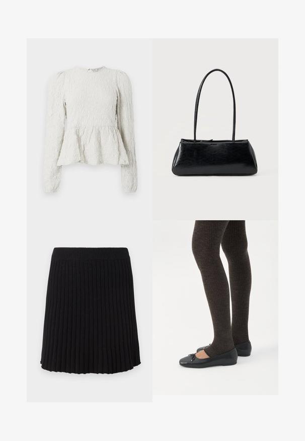Top peplum blanco con mangas largas, tela texturizada con un patrón elevado, cuello redondo y un detalle de ojal en la parte posterior.; Falda de punto negra con canalé y una cinturilla ancha, que presenta pliegues verticales y un dobladillo acampanado. Textura uniforme en toda la prenda.; Piernas con leggings oscuros acanalados combinados con bailarinas negras que presentan pequeños detalles de lazo sobre un fondo blanco.; Bolso de hombro rectangular negro con correas largas y delgadas y una textura lisa y brillante sobre un fondo liso.