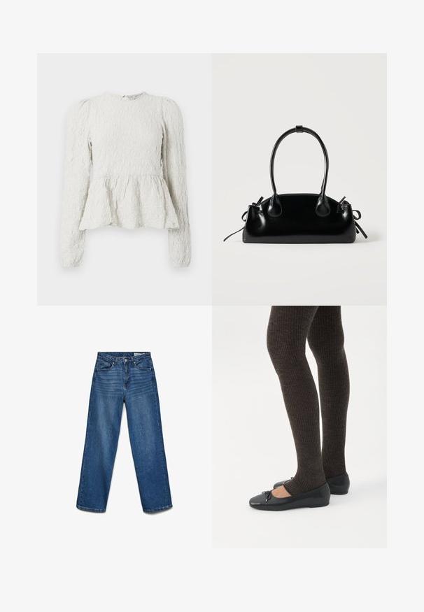 Biely peplum top s dlhými rukávmi, textúrovaná tkanina s vyvýšeným vzorom, okrúhly výstrih a detail v tvare kľúčovej diery na zadnej strane.; Modré rifle s rovnými nohavicami, s predným zapínaním na gombík a zips, s piatimi vreckami a jemne vyblednutými detailmi na stehnách.; Nohy v tmavých pásikavých legínach v kombinácii s čiernymi balerínkami s malými mašličkami na bielom pozadí.; Malá čierna lesklá kabelka s dvoma dlhými rúčkami a bočnými šnúrkovými detailmi na jednoduchom svetlom pozadí.