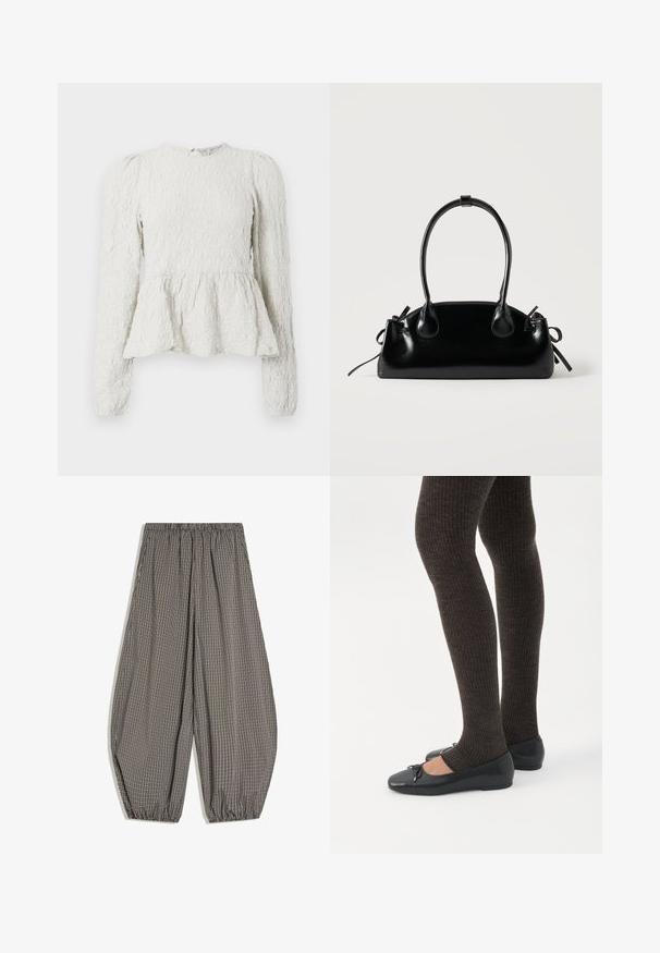 Haut peplum blanc à manches longues, en tissu texturé avec un motif en relief, col rond et un détail en goutte d'eau dans le dos.; Pantalon ample avec taille et poignets élastiques, présentant un petit motif à carreaux marron et blanc.; Jambes portant des leggings côtelés foncés associés à des ballerines noires avec de petits détails en nœud sur fond blanc.; Petit sac à main noir brillant avec deux longues anses et des détails à cordon sur les côtés sur un fond clair uni.
