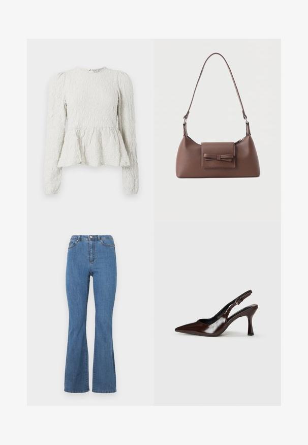 Top peplum blanco con mangas largas, tela texturizada con un patrón elevado, cuello redondo y un detalle de ojal en la parte posterior.; Vaqueros de campana azules hechos de denim, con una cintura alta, costuras en contraste y un cierre de botón único en la parte frontal.; Zapatos de tacón slingback de charol marrón con punta afilada, tacón delgado y correa ajustable con una pequeña hebilla.; Bolso bandolera de cuero marrón con un bolsillo frontal de solapa que presenta un detalle de moño cosido y una correa ajustable.