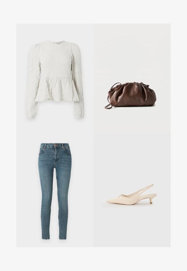 Biely peplum top s dlhými rukávmi, textúrovaná tkanina s vyvýšeným vzorom, okrúhly výstrih a detail v tvare kľúčovej diery na zadnej strane.; Chudé džiny v stredne modrom denime. Majú klasický dizajn s piatimi vreckami, predné zapínanie na gombík a jemné vyblednutie. Hladká textúra.; Súkne s pootočeným prstom v off-white koži, s malou mašľou a nízkym kitten podpätkom. Hladká textúra, minimalistický dizajn.; Mäkkohnedá hnedá kožená kapsička so zbieraným horným okrajom a tenkým remienkom, položená na bielom pozadí.
