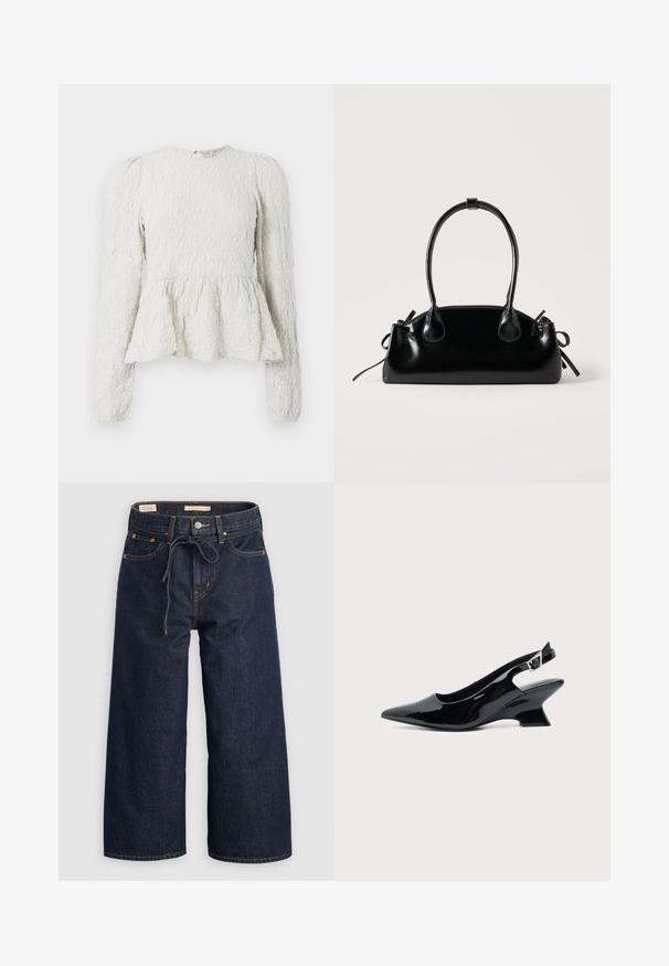 Top peplum blanco con mangas largas, tela texturizada con un patrón elevado, cuello redondo y un detalle de ojal en la parte posterior.; Jeans de mezclilla de pierna ancha en azul oscuro con cintura ajustable por cordón, bolsillos frontales y detalles de costura en naranja contrastante.; Zapato slingback de cuero charol negro con puntera puntiaguda y tacón bajo en bloque inclinado sobre fondo claro liso.; Pequeño bolso negro brillante con dos asas largas y detalles de cordón lateral sobre un fondo claro liso.