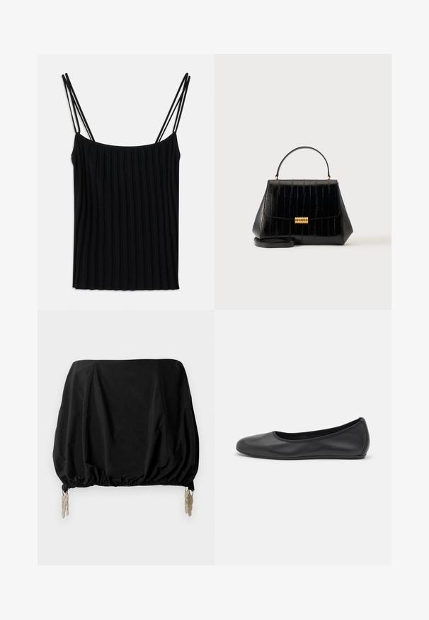 Sort ribbet camisole med tynde justerbare stropper, med en lige halsudskæring og blød stoftekstur, der fremhæver en slank silhuet.; Sort cropped top med en samlede design, med elastisk kant og metalliske clips som detaljer. Fremstillet af et letvægtsstof.; Sort læderballetsko med rund tå, glat tekstur, minimal syning og et fleksibelt såldesign.; Sort lædertaske med top-håndtag, guldlås og aftagelig skulderrem på en ensfarvet lys baggrund.