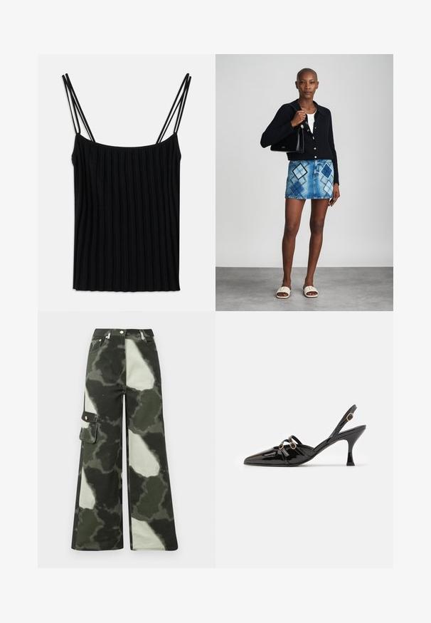 Zwarte geribbelde camisol met dunne verstelbare bandjes, voorzien van een rechte halslijn en een zachte stoftextuur, die een slank silhouet benadrukt.; Wijde cargo-broek in donkergroen met lichtgrijze camouflageprint. Voorzien van een zijzak en metalen knoop, gemaakt van duurzaam katoen.; ALOHAS JOELLE ONIX - Klassieke pumps - black; Zwarte gebreide cardigan, witte top, denimrok met blauw en zwart ruitpatroon, zwarte handtas en beige instapsandalen.