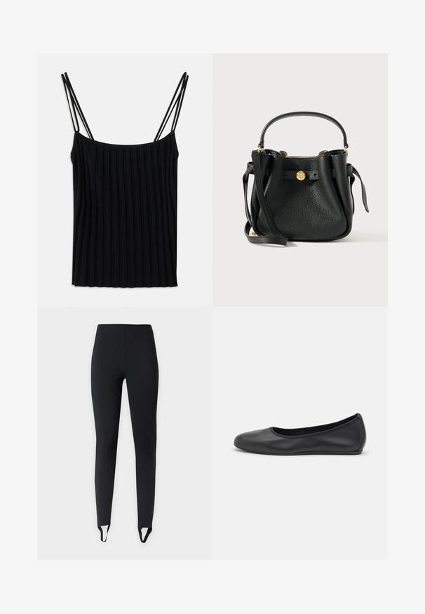 Camisole noire côtelée avec fines bretelles réglables, dotée d'un décolleté droit et d'une texture de tissu douce, mettant en valeur une silhouette élancée.; Leggings noirs slim fit avec brides étriers aux chevilles, présentés sur un fond clair uni.; Ballerines en cuir noir avec un bout rond, texture lisse, détails de couture minimalistes et design de semelle flexible.; Sac en cuir noir texturé avec une poignée courte, une longue sangle pour épaule et un fermoir à logo rond en métal doré sur le devant.