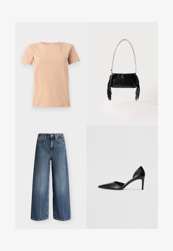 Beige T-shirt met korte mouwen, ronde hals en rechte zoom op een effen lichtgrijze achtergrond.; Blauwe denim wijdvallende jeans met een elastische tailleband, knoopsluiting aan de voorkant en voorzakken tegen een witte achtergrond.; Zwarte leren hoge hakken met een spitse neus, open zijkanten en een slanke uitstraling. Beschikt over een dunne hak en een rode zoolaccent.; Kleine zwarte leren handtas met zilverkleurig kettinghengsel en zwarte leren kwastjes aan beide zijden tegen een effen lichte achtergrond.