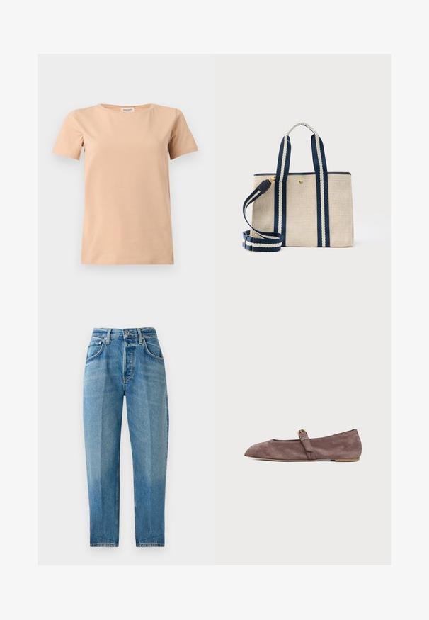 Beige kortærmet T-shirt med rund halsudskæring og lige kant på en ensfarvet lysegrå baggrund.; Lysblå denimbukser, lige ben, fem lomme design, affadet vask, lynlås foran med knaplukning og synlige syningsdetaljer.; Brun ruskinds-Mary Jane-sko med flad hæl, spids tå og en lille guldbøjle på hvid baggrund.; Beige stoftaske med navyblå og hvide stribede håndtag og aftagelig skulderrem, med en lille guldknap som lukning.