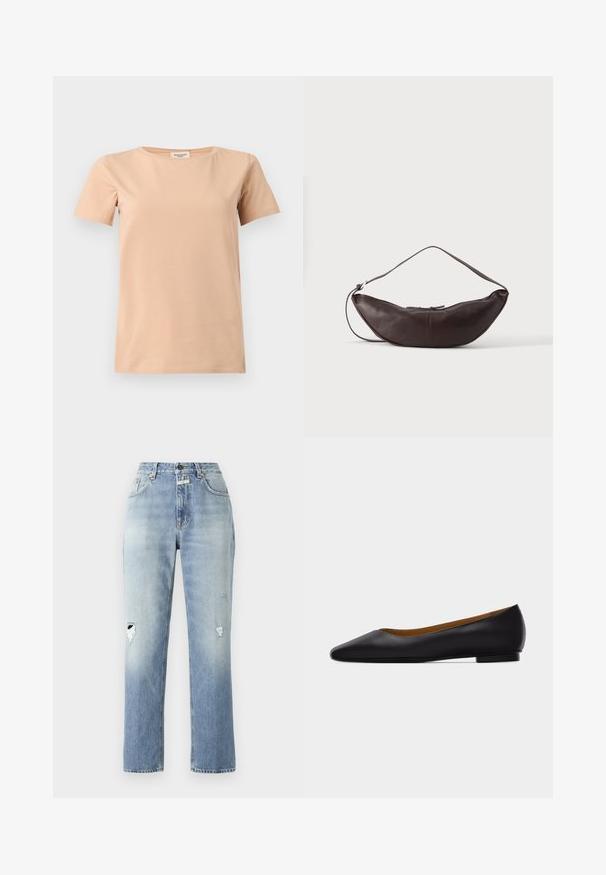 Beige kortærmet T-shirt med rund halsudskæring og lige kant på en ensfarvet lysegrå baggrund.; Lys blå denim jeans med høj talje og lige ben. Har slidte detaljer på begge knæ og et klassisk fem-lomme design.; Sort læder flad sko med spids tå, lav hæl og glat finish, vist fra siden på en lysegrå baggrund.; Mørkebrun læder skuldertaske i halvmåneform med buet rem og synlige syninger på ensfarvet baggrund.