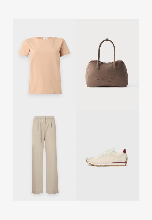 Beige kortærmet T-shirt med rund halsudskæring og lige kant på en ensfarvet lysegrå baggrund.; Lys beige bukser med lige ben, elastisk talje og en enkelt knapdetalje foran. Fremstillet af et tekstureret stof.; Hvide sneakers med en glat overflade, der har en mørkerød accent langs sålen og en takkede gummiydersål for greb. Minimalistisk design.; Taupe blød læderhåndtaske med dobbelte håndtag og præget "Emporio Armani Milano" logo på fronten.
