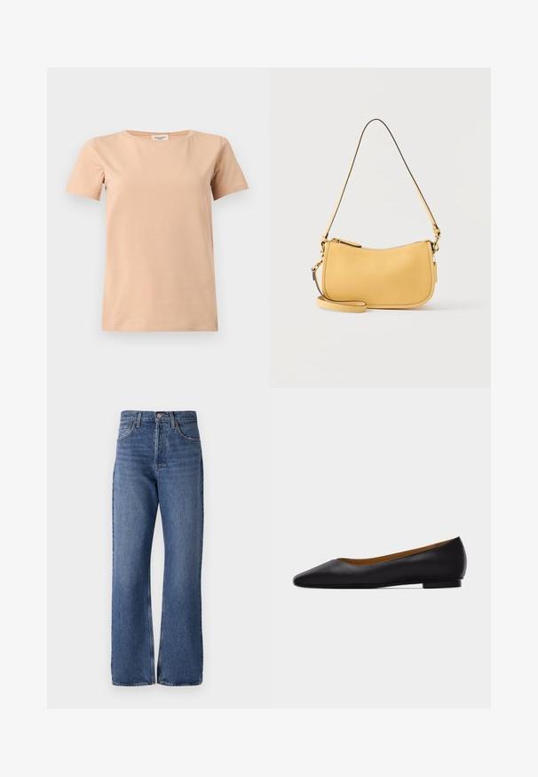 Beige kortærmet T-shirt med rund halsudskæring og lige kant på en ensfarvet lysegrå baggrund.; Blå denim jeans med høj talje, bred ben silhuet, klassisk fem-lomme design og subtilt falmende effekt i hele stoffet.; Sort læder flad sko med spids tå, lav hæl og glat finish, vist fra siden på en lysegrå baggrund.; Gul skuldertaske i læder med buet toplynlås og tynd justerbar rem, minimalistisk design på ensfarvet baggrund.
