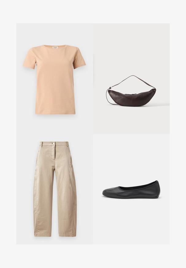 T-shirt beige manches courtes avec col rond et ourlet droit sur un fond uni gris clair.; Pantalons larges beiges en mélange de coton lisse, featuring une fermeture à bouton à l'avant, des poches latérales et des détails de couture visibles.; Ballerines en cuir noir avec un bout rond, texture lisse, détails de couture minimalistes et design de semelle flexible.; Sac d'épaule en cuir marron foncé en forme de croissant avec une lanière courbée et des coutures visibles sur fond uni.
