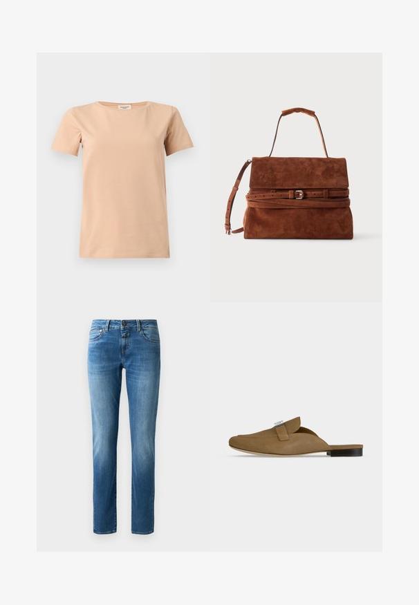 Beige kortærmet T-shirt med rund halsudskæring og lige kant på en ensfarvet lysegrå baggrund.; Blå denim jeans med lige ben-design, der har en knaplukning, fem lommer og subtil fading. Glat tekstur med orange syninger.; Brun ruskind slip-on mule sko med spids tå, sølv spænde detalje, og flad sort hæl på hvid baggrund.; Brun ruskindshåndtaske med topgreb, flaplukning og et dekorativt bælte foran.
