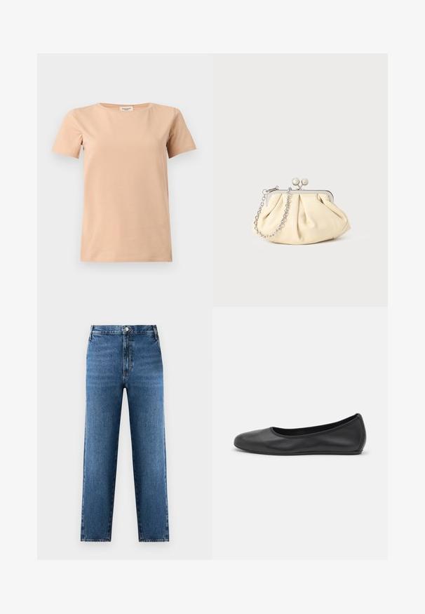 T-shirt beige manches courtes avec col rond et ourlet droit sur un fond uni gris clair.; Jean droit bleu à taille haute, fabriqué en denim. Présente une fermeture à bouton et zip à l'avant, avec un léger délavage sur le tissu.; Ballerines en cuir noir avec un bout rond, texture lisse, détails de couture minimalistes et design de semelle flexible.; Pochette en cuir beige plissé avec un cadre en métal argenté, dotée de deux fermoirs ronds décoratifs et d'une chaîne en argent.