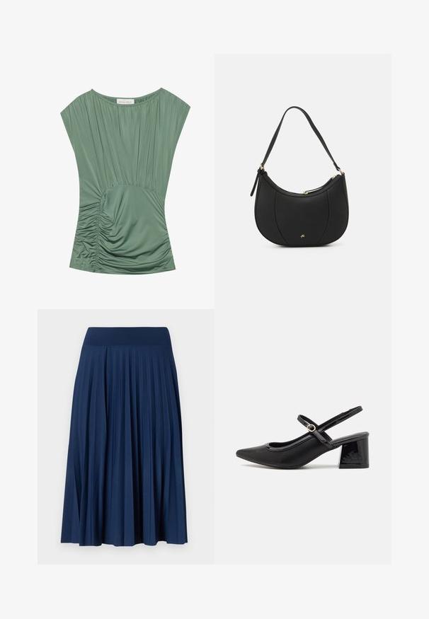 Groene top met korte mouwen van geplooide stof; heeft een gegatherde textuur bij de taille en een ronde halslijn. Soepele, rekbare materiaal.; Navy-blauwe plissérok met een brede tailleband, gemaakt van zachte stof. Bevat verticale plooien voor textuur en vloeiende beweging.; Zwarte gepolijste leren slingback hakken met een spitse neus, een ronde uitsnede en een blokhak. Voorzien van een gouden gespaccent.; Zwarte leren handtas met een gebogen vorm, textuuroppervlak, voornaden en een logo in goudkleur. Beschikt over een enkele verstelbare schouderband.