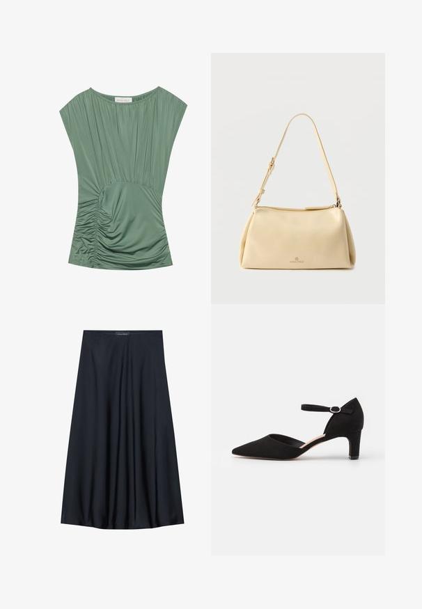 Haut vert à manches courtes en tissu plissé ; présente une texture froncée à la taille et un col rond. Matière lisse et extensible.; Jupe noire, arrivant aux genoux, en tissu léger avec un design fluide. Présente une texture lisse et de subtils plis pour un détail supplémentaire.; Pompe en suède noir avec un bout pointu, une bride de cheville avec une boucle circulaire et un petit talon carré. Texture lisse et design minimaliste.; Sac bandoulière rectangulaire beige avec sangle réglable et fermeture éclair, comportant un petit logo "Anna Field" au centre avant.
