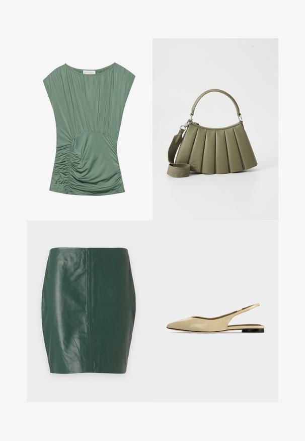 Groene top met korte mouwen van geplooide stof; heeft een gegatherde textuur bij de taille en een ronde halslijn. Soepele, rekbare materiaal.; Groene leren minirok met een gladde textuur en een getailleerde pasvorm. Heeft een naadloos ontwerp zonder zichtbare sluitingen of hardware.; Beige platte slingback schoen met puntige neus, lage zwarte hak en een glad leren afwerking, zijaanzicht op een effen achtergrond.; Groene plissé handtas van soepel materiaal met een gebogen handvat, afneembare schouderband en zilveren hardwareaccenten.