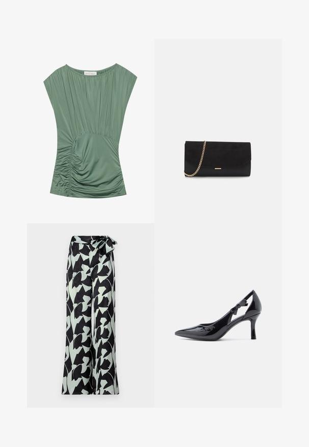 Haut vert à manches courtes en tissu plissé ; présente une texture froncée à la taille et un col rond. Matière lisse et extensible.; Pantalons à jambes larges noirs avec des motifs floraux abstraits vert menthe. Dotés d'une taille haute avec une ceinture nouée pour un ajustement réglable.; Escarpin à talons hauts en cuir verni noir, à bout pointu, avec bride de cheville ornée d'un nœud et talon stiletto élancé.; Porte-monnaie noir en daim avec une finition texturée, doté d'une chaîne dorée et d'un design épuré et angulaire.
