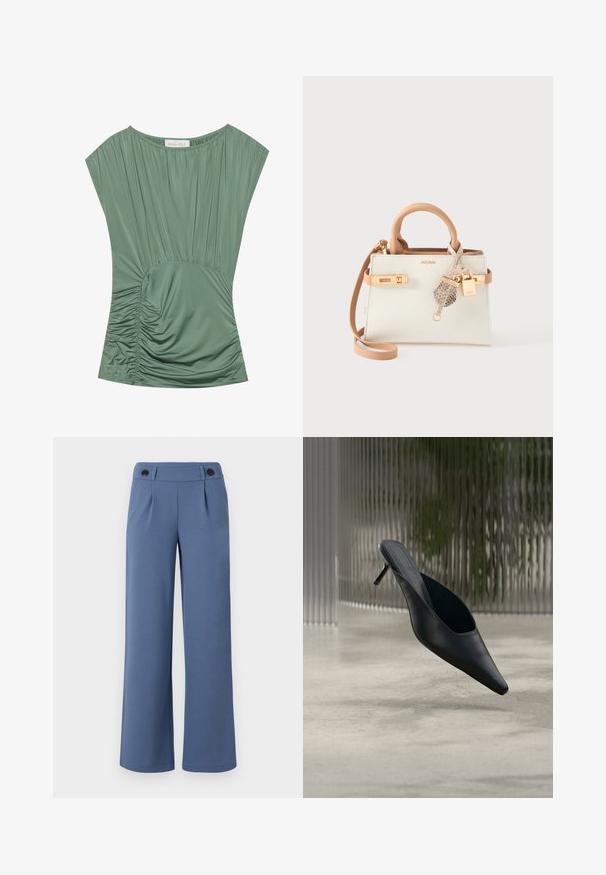 Haut vert à manches courtes en tissu plissé ; présente une texture froncée à la taille et un col rond. Matière lisse et extensible.; Pantalons larges bleus en tissu lisse, avec une taille plate, deux plis et deux boutons noirs à la taille.; Mule noire à bout pointu avec un talon fin et haut flottant au-dessus d'un sol en béton lisse, avec un arrière-plan flou à rayures verticales.; Petit sac à main ALDO blanc et beige avec des poignées sur le dessus, une quincaillerie dorée, une bandoulière amovible et un petit charm en cuir texturé avec un cadenas doré.