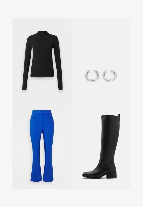 Schwarzes langärmliges, eng anliegendes Oberteil mit Stehkragen, dargestellt auf schlichtem hellgrauem Hintergrund.; b.young BYDELONA PANTS - Stoffhose - nautical blue; Schwarze kniehohe Stiefel aus glattem Leder mit Blockabsatz, runder Spitze und einem eleganten, schlichten Design.; Silberne Creolen mit einer glatten Metalloberfläche und einer Reihe von klaren Kristallen, die entlang des äußeren Randes eingelassen sind.
