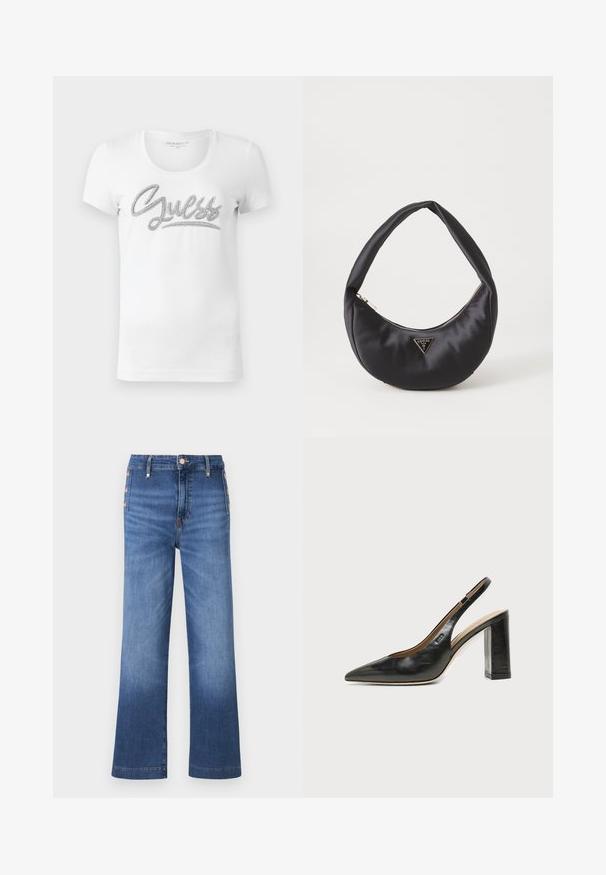 T-shirt blanc à manches courtes et col rond, avec "Guess" écrit en cursive en lettres argentées brillantes sur la poitrine.; Jean denim bleu à jambes larges avec des détails de boutons sur le côté et une taille haute.; Chaussure slingback en cuir noir à bout pointu avec un talon bloc haut et une doublure intérieure beige sur un fond clair uni.; Sac à main en satin noir avec une forme courbée, doté d'une fermeture à glissière et d'un logo triangulaire en métal à l'avant. Texture lisse et design épuré.