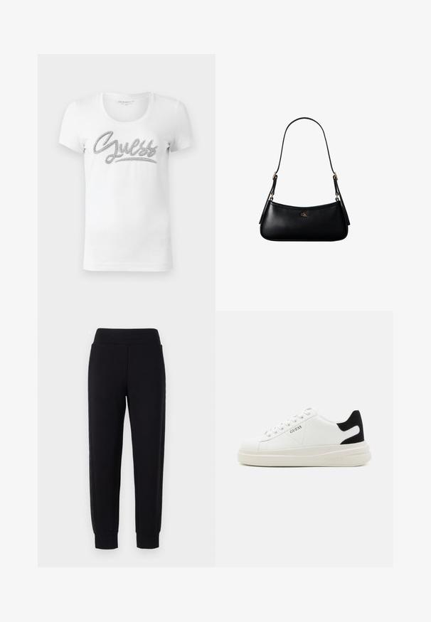 Hvid kortærmet T-shirt med rund hals, hvor "Guess" er skrevet i kursiv med skinnende sølvdetaljer tværs over brystet.; Sorte sweatpants med tætsiddende ben, der har en bred elastisk talje og strukturerede sidelapper. Lavet af et blødt, strækbart materiale.; Hvide lædersneakers med en tyk hvid sål, sort ruskindhælvægt og prægede logoer på siden. Snørebåndsdesign med seks øjer.; Sort læder mini skuldertaske med tynd rem og lille gyldent CK-logo på fronten i midten.