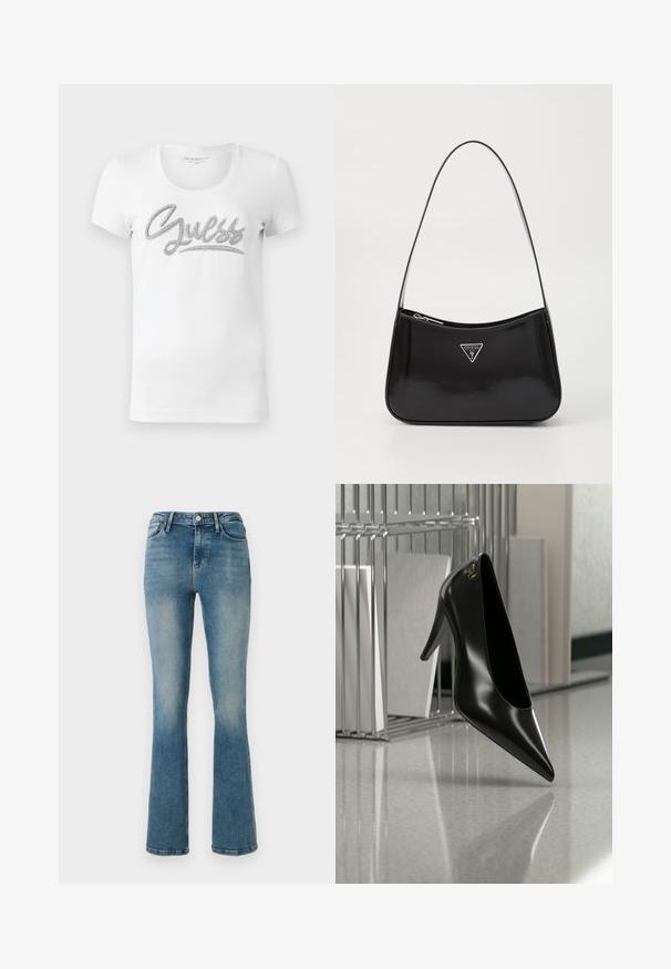 Hvid kortærmet T-shirt med rund hals, hvor "Guess" er skrevet i kursiv med skinnende sølvdetaljer tværs over brystet.; Lys blå denim flared jeans med fem lommer, høj talje og sy detaljer. Stoffet viser en let falmet vask og en glat tekstur.; Sort højhælet sko med spids tå og guldlogo, placeret på en reflekterende overflade nær en krom trådfilholder med dokumenter.; Sort patenteret læder skuldertaske med en buet form, prydet med et sølvfarvet trekantet logo og en lynlås-lukning. Glat tekstur og slank rem.