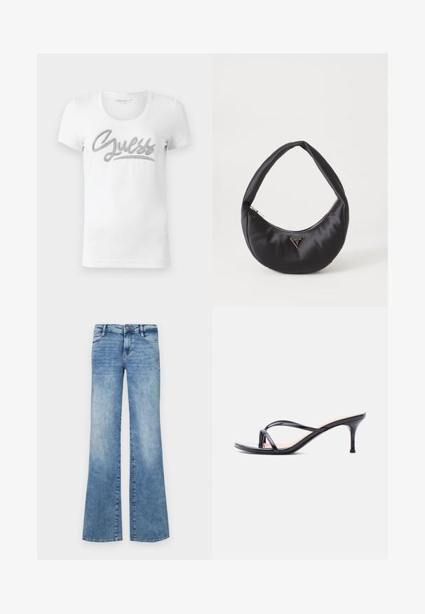 Witte T-shirt met korte mouwen en ronde hals, met 'Guess' in cursieve letters en glinsterende zilveren versieringen op de borst.; Lichtblauwe uitlopende jeans van denim. Voorzien van een knoopsluiting, vijf zakken en vervaagde details voor een versleten uitstraling.; Zwarte laklederen sandaal met hakken, dunne gekruiste bandjes en een slanke, middelhoog stilettohak op een witte achtergrond.; Zwarte satin handtas met een gebogen vorm, voorzien van een ritssluiting en een driehoekig metalen logo aan de voorkant. Gladde textuur en een slank ontwerp.