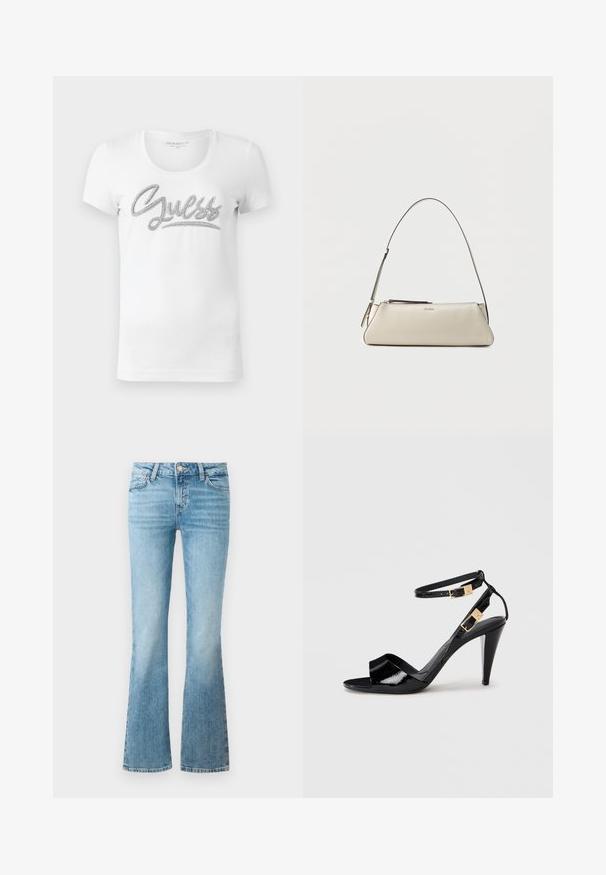 T-shirt blanc à manches courtes et col rond, avec "Guess" écrit en cursive en lettres argentées brillantes sur la poitrine.; Jean flare en denim bleu clair avec poches avant, passants de ceinture et fermeture à bouton.; Sandale à talon haut en cuir verni noir avec double bride de cheville et boucles dorées, bout ouvert, et talon effilé sur fond neutre.; Petit sac à épaule en cuir beige avec une fine bandoulière et une fermeture éclair, orné d'un logo métallique discret au centre avant.