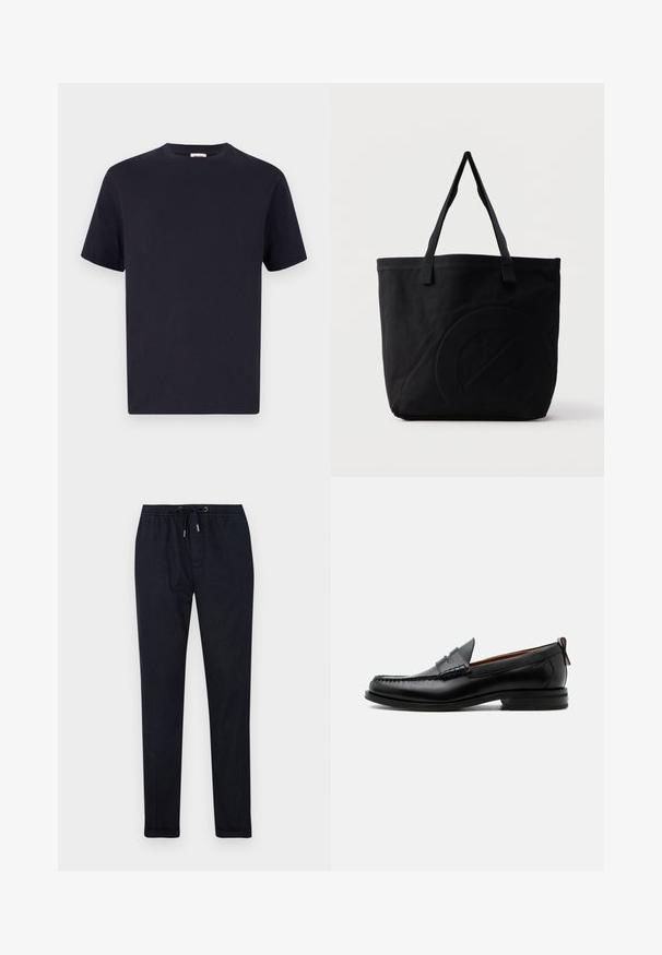 T-shirt en coton bleu marine avec un col rond, des manches courtes et une coupe décontractée ; texture lisse ; sans motifs ni quincaillerie visibles.; Pantalons de jogging bleu marine foncé avec une taille élastique, cordon de serrage, jambes fuselées et une texture lisse. Comprend des poches latérales et des coutures discrètes.; Mocassin homme en cuir noir avec couture moc toe, bride penny, col texturé et petit talon empilé sur fond blanc.; Sac fourre-tout en toile noire avec deux bandoulières et un motif circulaire discret en relief sur le devant.