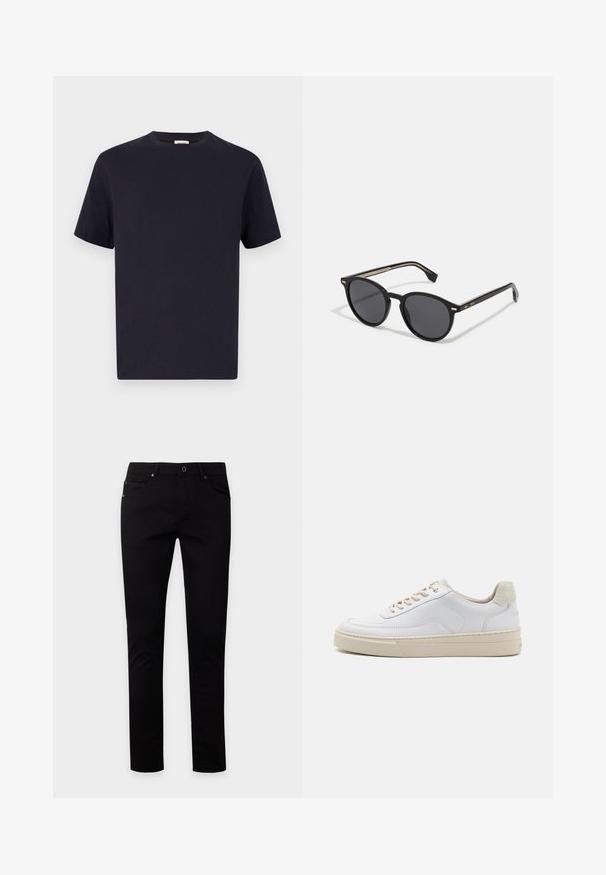 Navy blauwe katoenen T-shirt met een ronde hals, korte mouwen en een relaxte pasvorm; gladde textuur; geen zichtbare patronen of hardware.; Zwarte slim-fit jeans met knoop- en ritssluiting, voor- en achterzakken, weergegeven op een effen lichte achtergrond.; Witte sneaker met een gevoerd leren bovenwerk, beige veters en een gestructureerde beige suede hieltab. Verhoogde zool voor extra hoogte.; BOSS Zonnebril - black