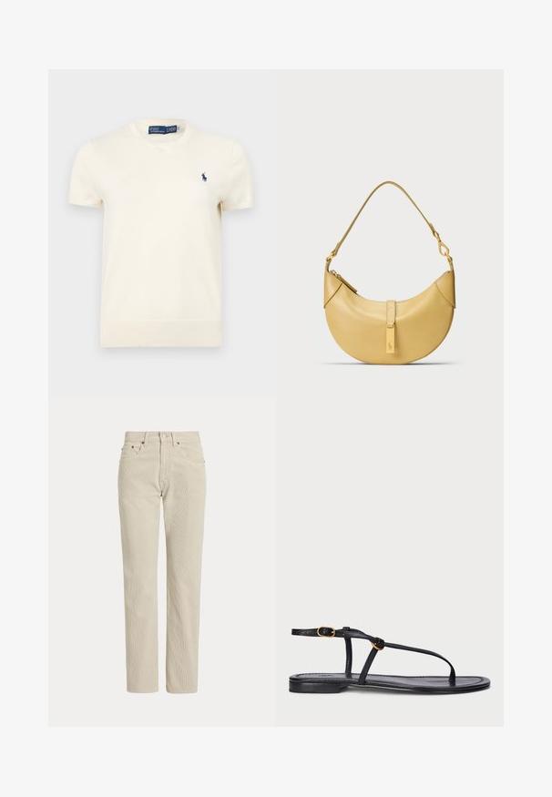 Kremfarvet Polo Ralph Lauren T-shirt med korte ærmer, rund halsudskæring og lille mørkeblå broderet logo på venstre bryst.; Beige, lige-benede fløjlsbukser med bæltestropper, frontknap, lynlås og frontlommer.; Sort flad sandal med et minimalistisk design. Har tynde stropper, en tæerem, guldhardware og en glat, tekstureret sål.; Gul læderhåndtaske med en buet form, skulderrem og en lille metaldetalje. Glat tekstur og minimalistisk design.