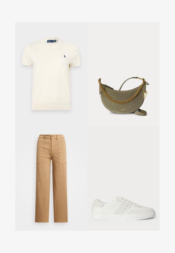 Krátky rukáv, krémové Polo Ralph Lauren tričko s okrúhlym výstrihom a malým tmavomodrým vyšitým logom na ľavej strane hrudníka.; Béžové bavlnené nohavice s rovnými nohami, s uzatváraním na gombík, prednými vreckami a viditeľnými švami.; Biele tenisky so hladkým koženým zvrškom, semišovými akcentmi a plochými šnúrkami. Majú textúrovanú gumovú podrážku a minimalistický dizajn.; Polož moon kabelka z olivovo zeleného semišu so zlatým reťazcom, zlatým zipsom a malým zlatým zámkom na jednofarebnom pozadí.