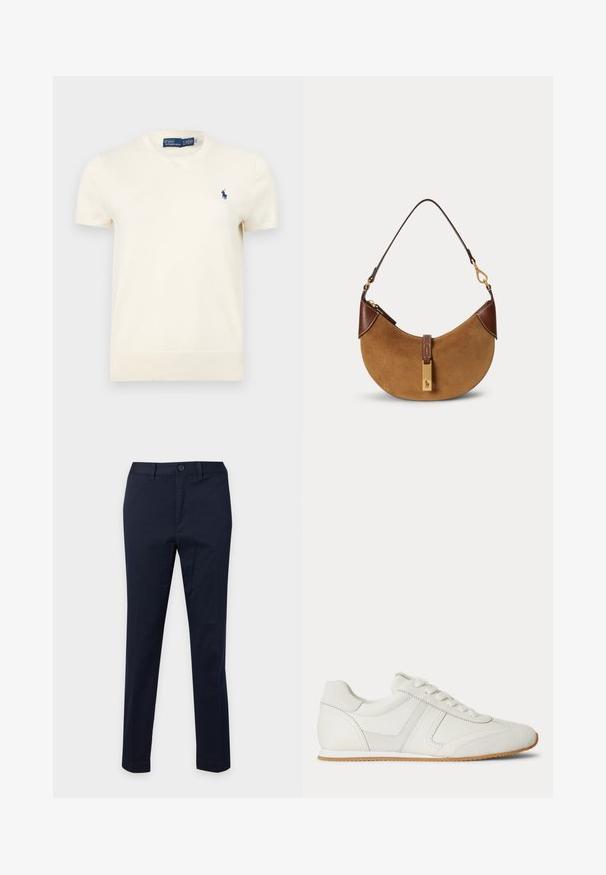 T-shirt Polo Ralph Lauren crème à manches courtes, col rond, avec petit logo brodé bleu marine sur le côté gauche de la poitrine.; Pantalon bleu marine slim fit avec fermeture à bouton et zip devant, passants pour ceinture et coupe droite.; Baskets basses blanches avec laçage à l'avant, panneaux en daim et cuir, et une semelle en caoutchouc marron clair sur fond blanc.; Sac à main demi-lune en daim marron avec des accents en cuir marron foncé, des ferrures dorées et une courte bandoulière.