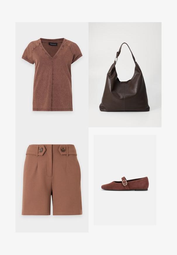 T-shirt marron à manches courtes avec col en V, coutures visibles et une étiquette noire "ANNA FIELD" à l'intérieur du col.; Shorts marron taille haute avec une fermeture avant dissimulée, des passants pour ceinture et deux boutons décoratifs marron sur des pattes inclinées à la taille.; Chaussure plate Mary Jane en suède marron avec une bride à boucle dorée et une semelle noire sur fond blanc.; Zign by Zalando LEATHER - Cabas - chocolate brown